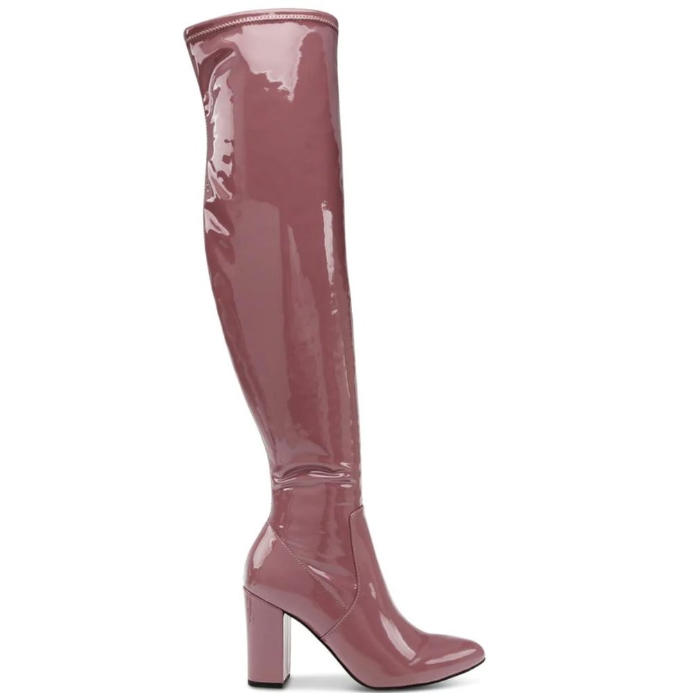 NWT WILD PAIR Pink Patent Leather Thigh High Boots Block Heeled Over Knee Boots